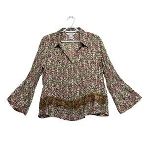Allison Taylor Y2K Ditsy Floral Flare Sleeve Top Size L Pleated Lace Whimsigoth
